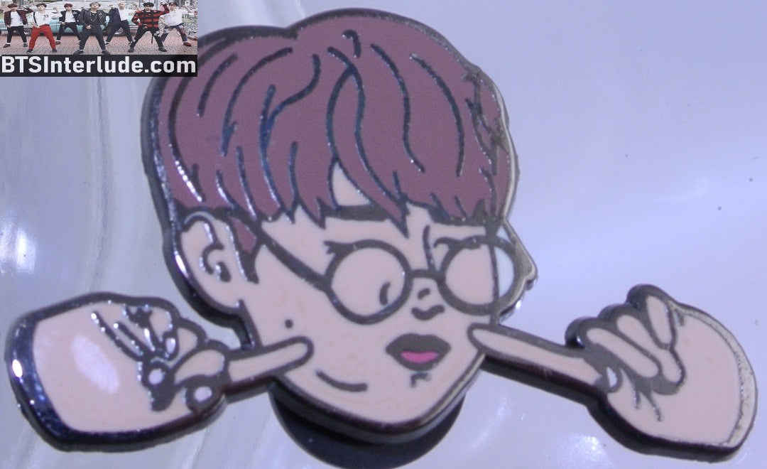 BTS PIN ENAMEL GUNMETAL JEON JUNGKOOK 전정국 GLASSES FINGERS ON CHEEKS PINS OVER FLOWERS BADGE BUTTON