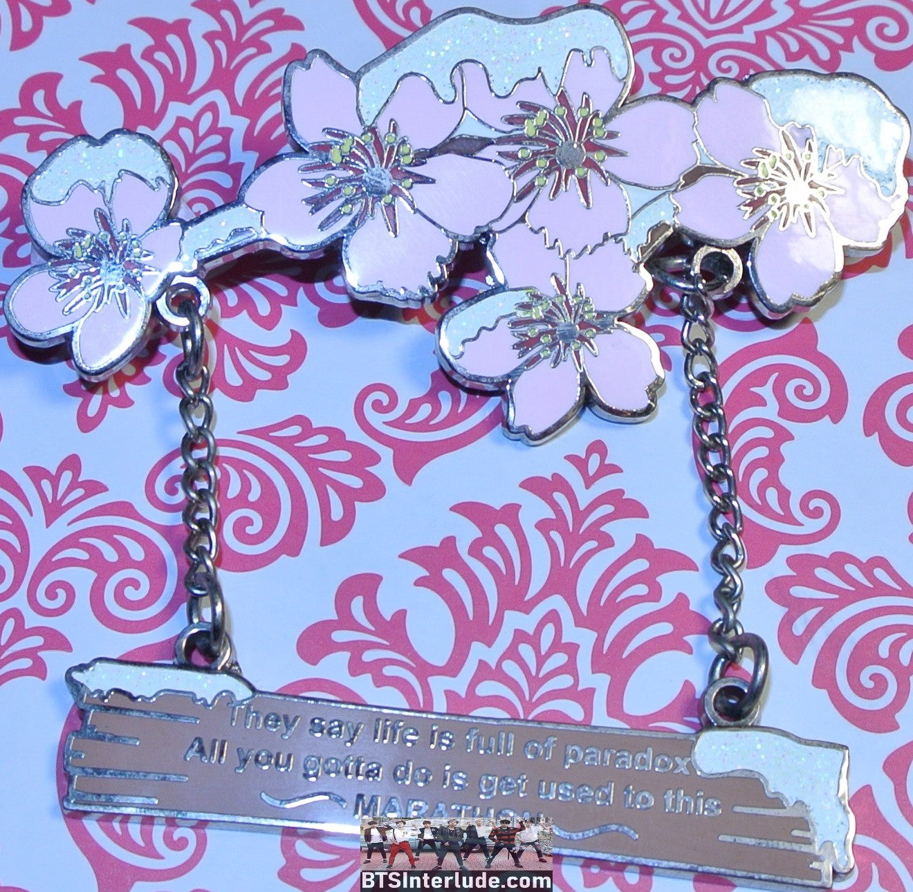 BTS PIN ENAMEL GUNMETAL PARADISE LYRICS PINK FLOWERS MARATHON DROP JUNGKOOK V JIMIN RM J-HOPE SUGA JIN BADGE BUTTON