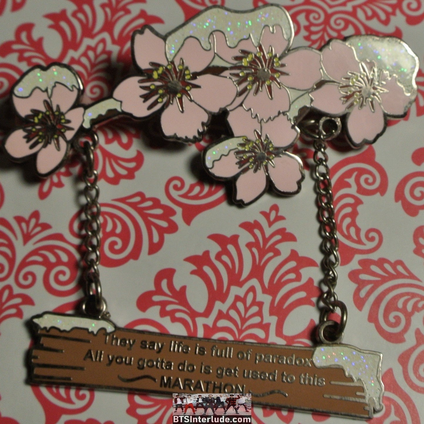 BTS PIN ENAMEL GUNMETAL PARADISE LYRICS PINK FLOWERS MARATHON DROP JUNGKOOK V JIMIN RM J-HOPE SUGA JIN BADGE BUTTON
