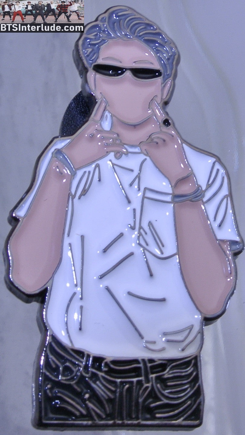 BTS PIN ENAMEL GUNMETAL RM KIM NAMJOON 김남준 DIMPLES SILVER HAIR SUNGLASSES BADGE BUTTON