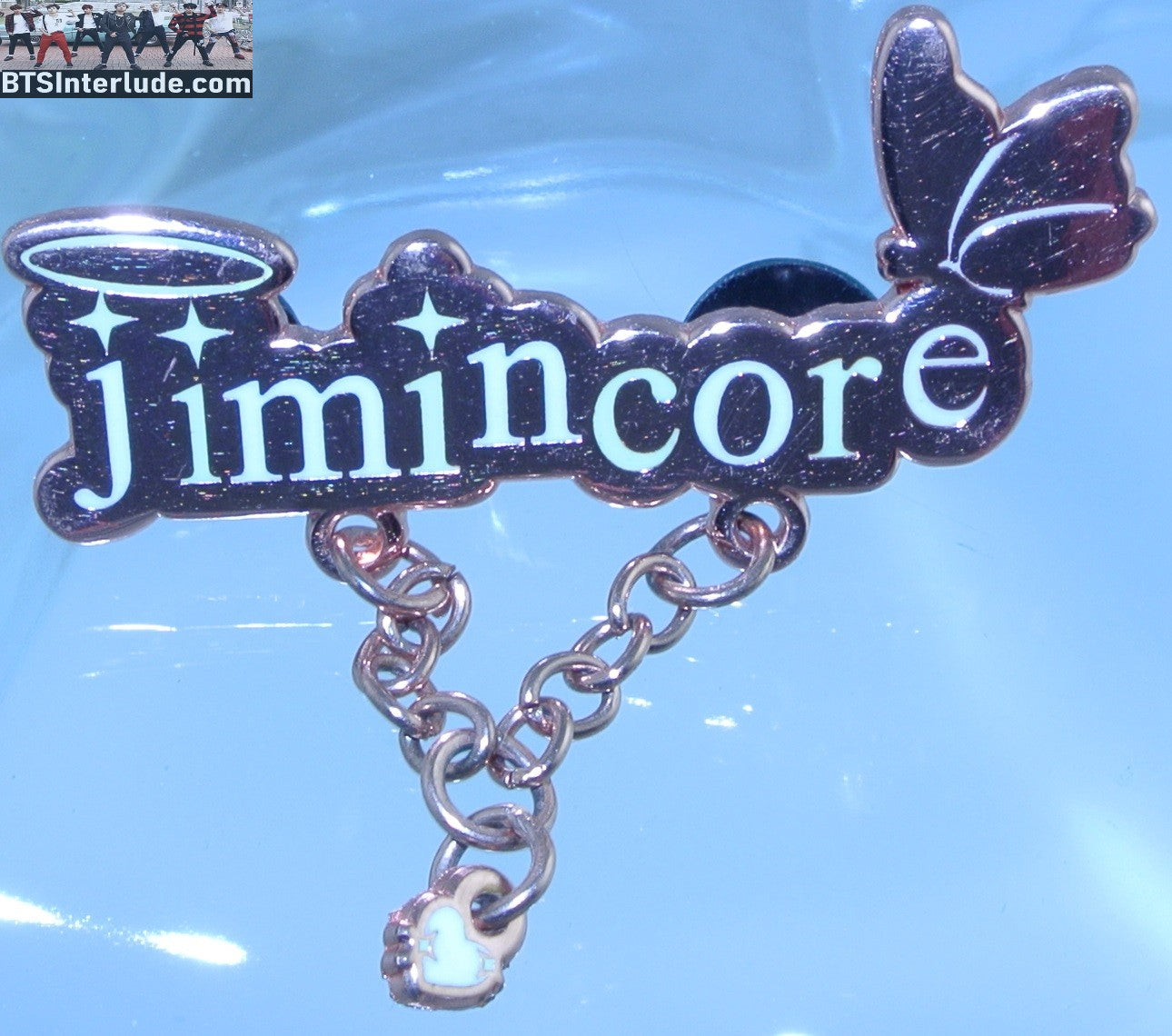 BTS PIN ENAMEL ROSE GOLD COPPER PARK JIMIN 박지민 JIMINCORE BUTTERFLY HEART LOCK DROP CHAIN BADGE BUTTON