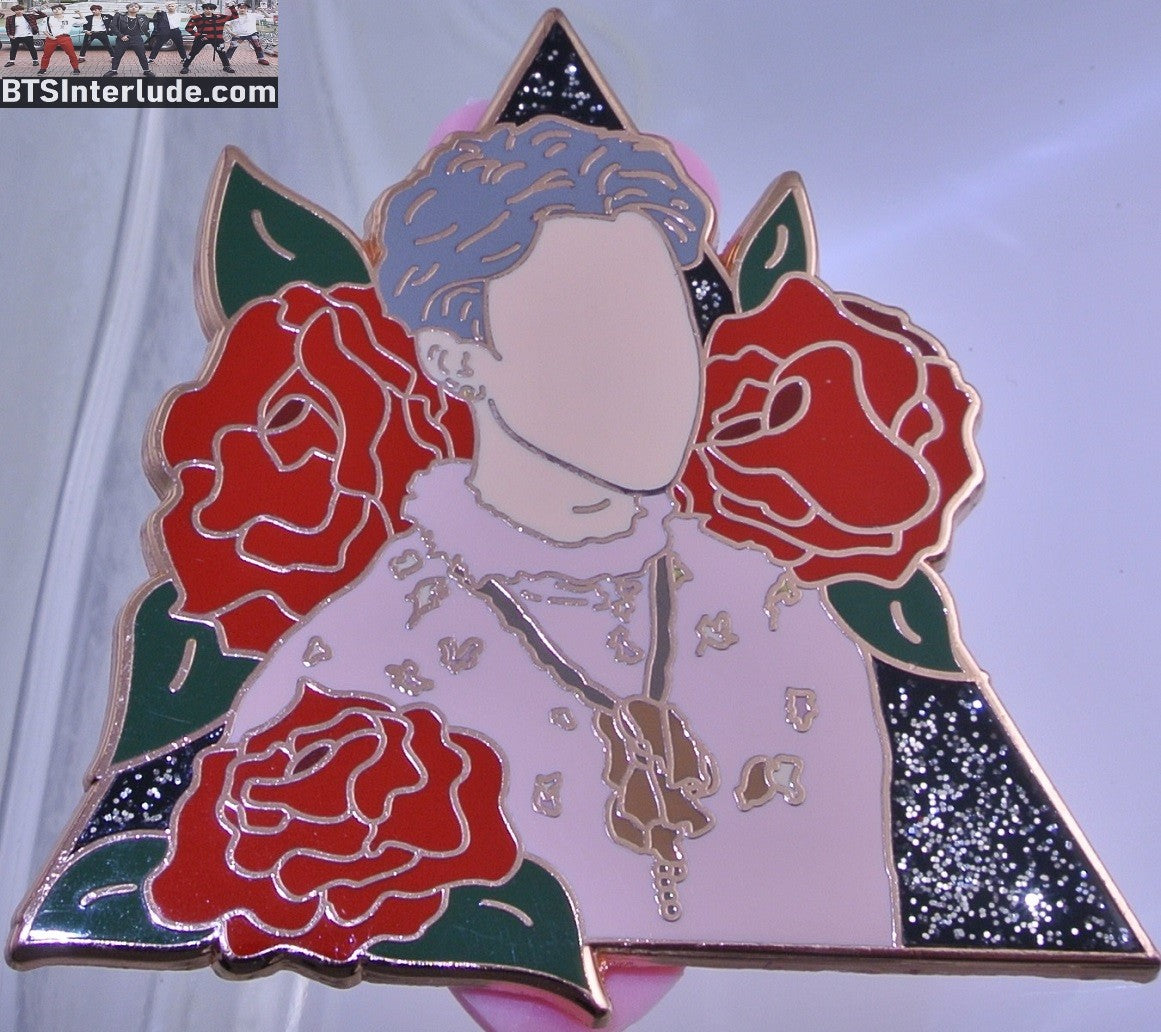 BTS PIN ENAMEL ROSE GOLD COPPER PARK JIMIN 박지민 SILVER HAIR PINK SHIRT RED FLOWERS BADGE BUTTON
