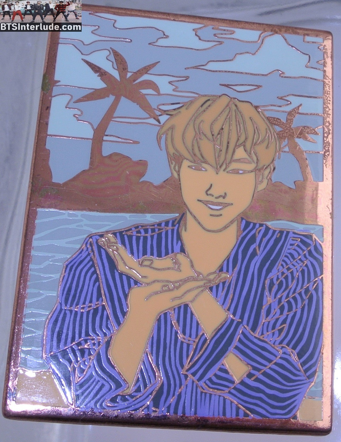 BTS PIN ENAMEL ROSE GOLD COPPER RM KIM NAMJOON 김남준 BLUE STRIPES SHIRT PALM TREES BITS OF PINS BADGE BUTTON