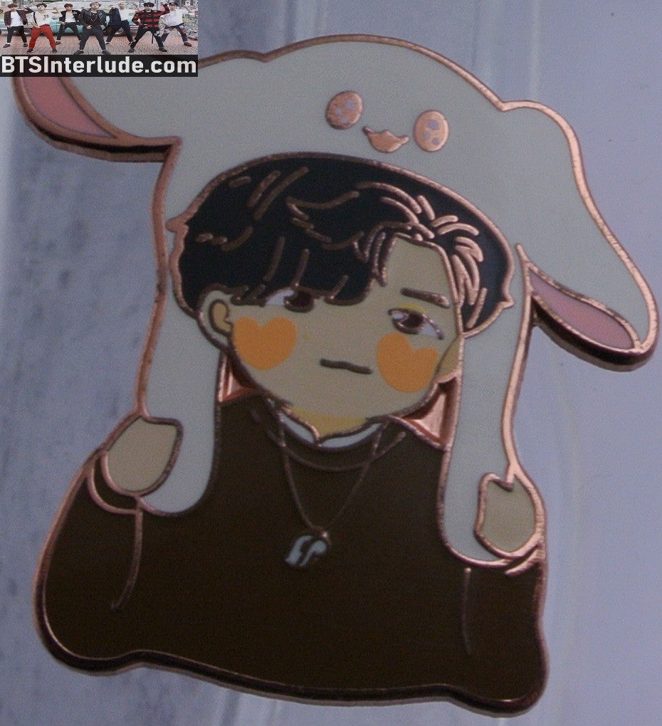 BTS PIN ENAMEL ROSE GOLD COPPER RM KIM NAMJOON 김남준 BUNNY EARS HAT BROWN HOODIE RUN BTS EPISODE 59 60 BADGE BUTTON