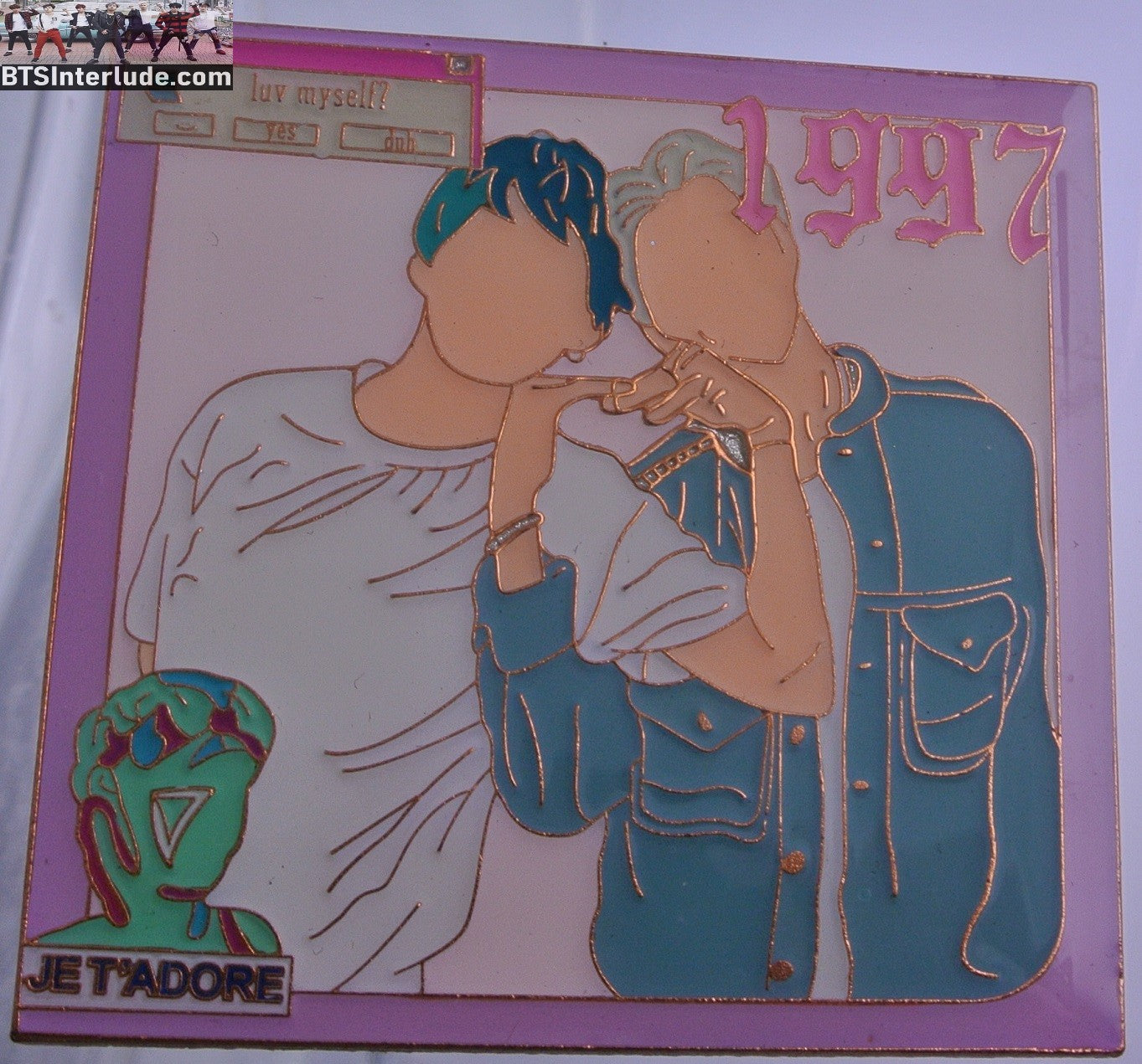 BTS PIN ENAMEL ROSE GOLD COPPER SUB-UNIT V KIM TAEHYUNG RM KIM NAMJOON ARM HEART PINK BORDER 1997 BADGE BUTTON