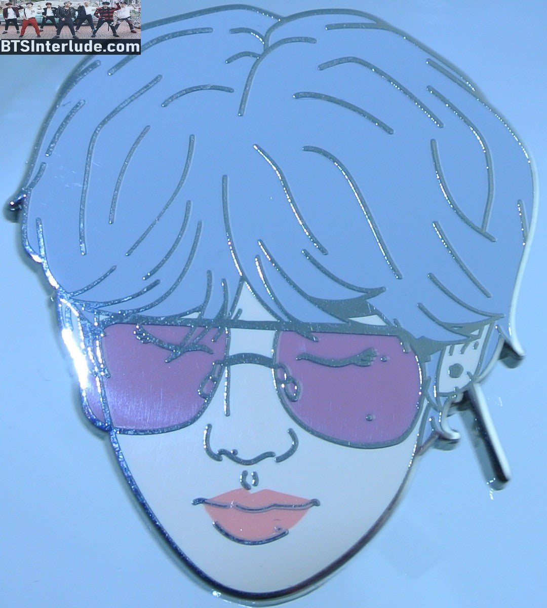 BTS PIN ENAMEL SILVER PARK JIMIN 박지민 SILVER HAIR PINK SUNGLASSES FACE BADGE BUTTON