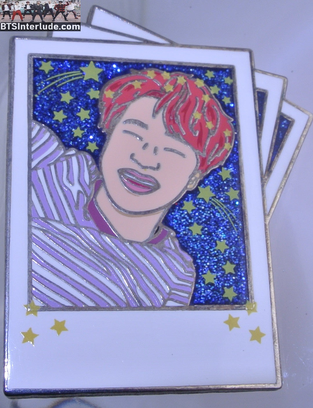 BTS PIN ENAMEL SILVER PARK JIMIN 박지민 POLAROID PINK HAIR PURPLE STRIPED SHIRT BADGE BUTTON