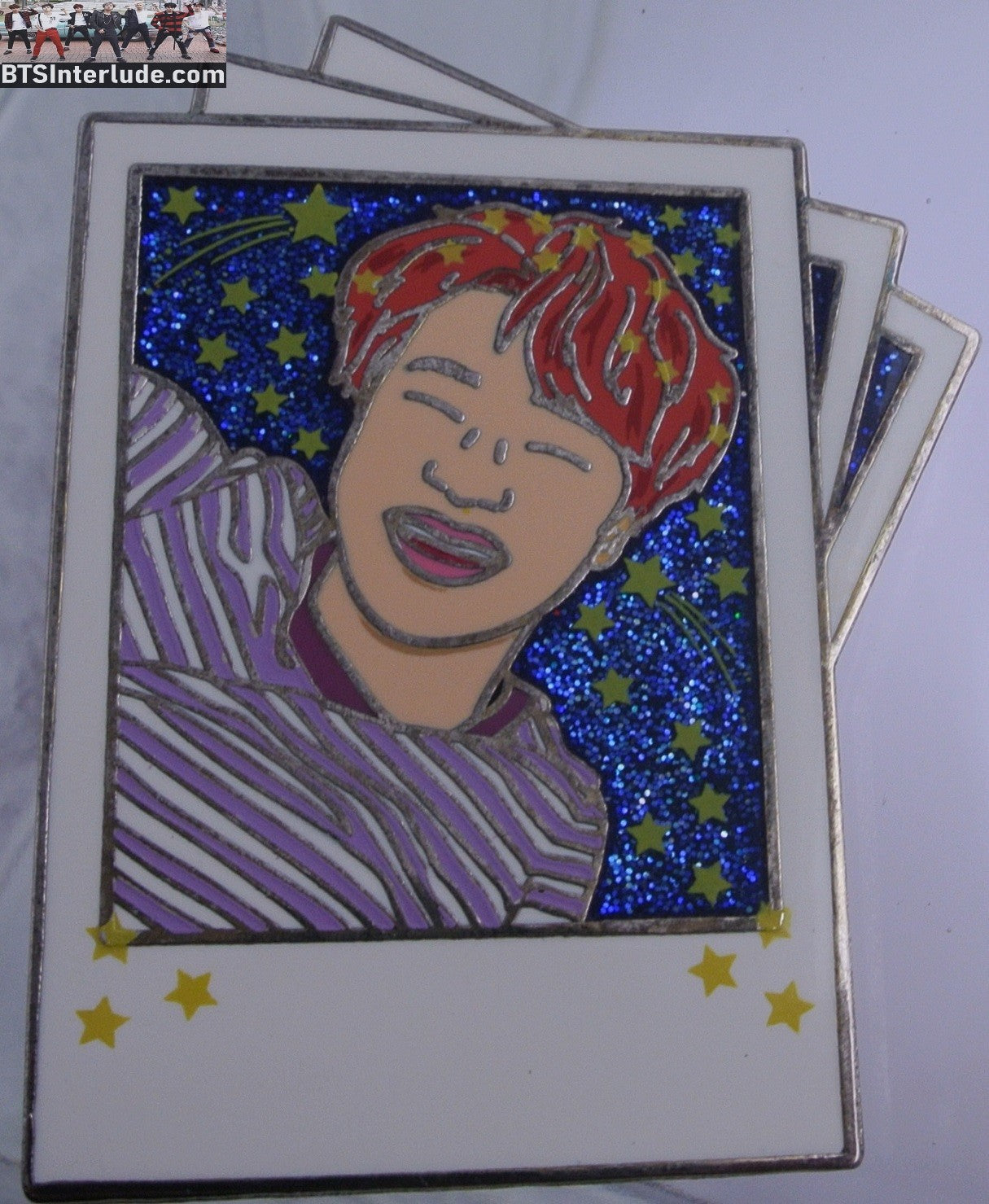 BTS PIN ENAMEL SILVER PARK JIMIN 박지민 POLAROID PINK HAIR PURPLE STRIPED SHIRT BADGE BUTTON