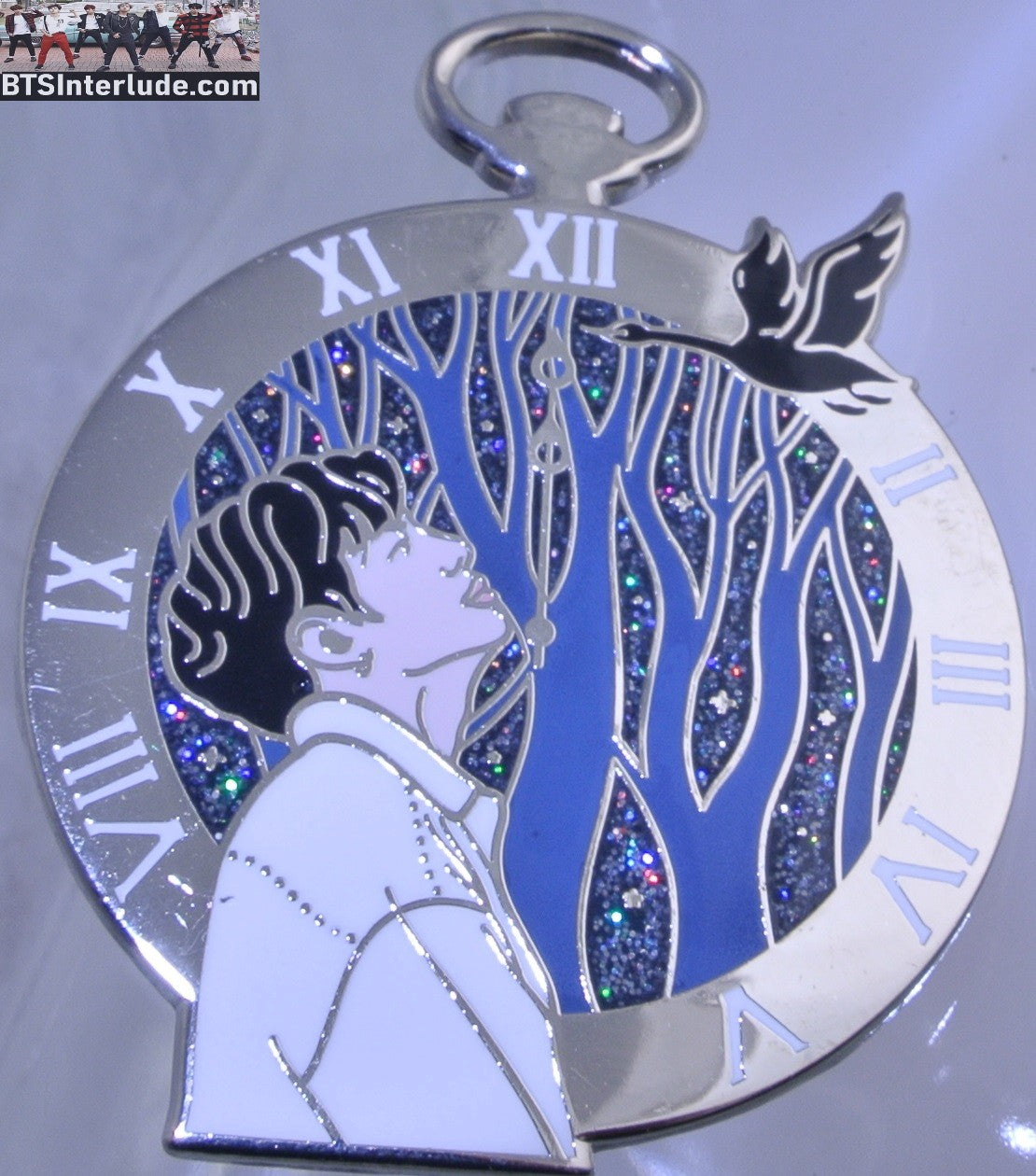 BTS PIN ENAMEL SILVER JEON JUNGKOOK 전정국 MY TIME THEME POCKETWATCH FOREST BLACK BIRD BADGE BUTTON