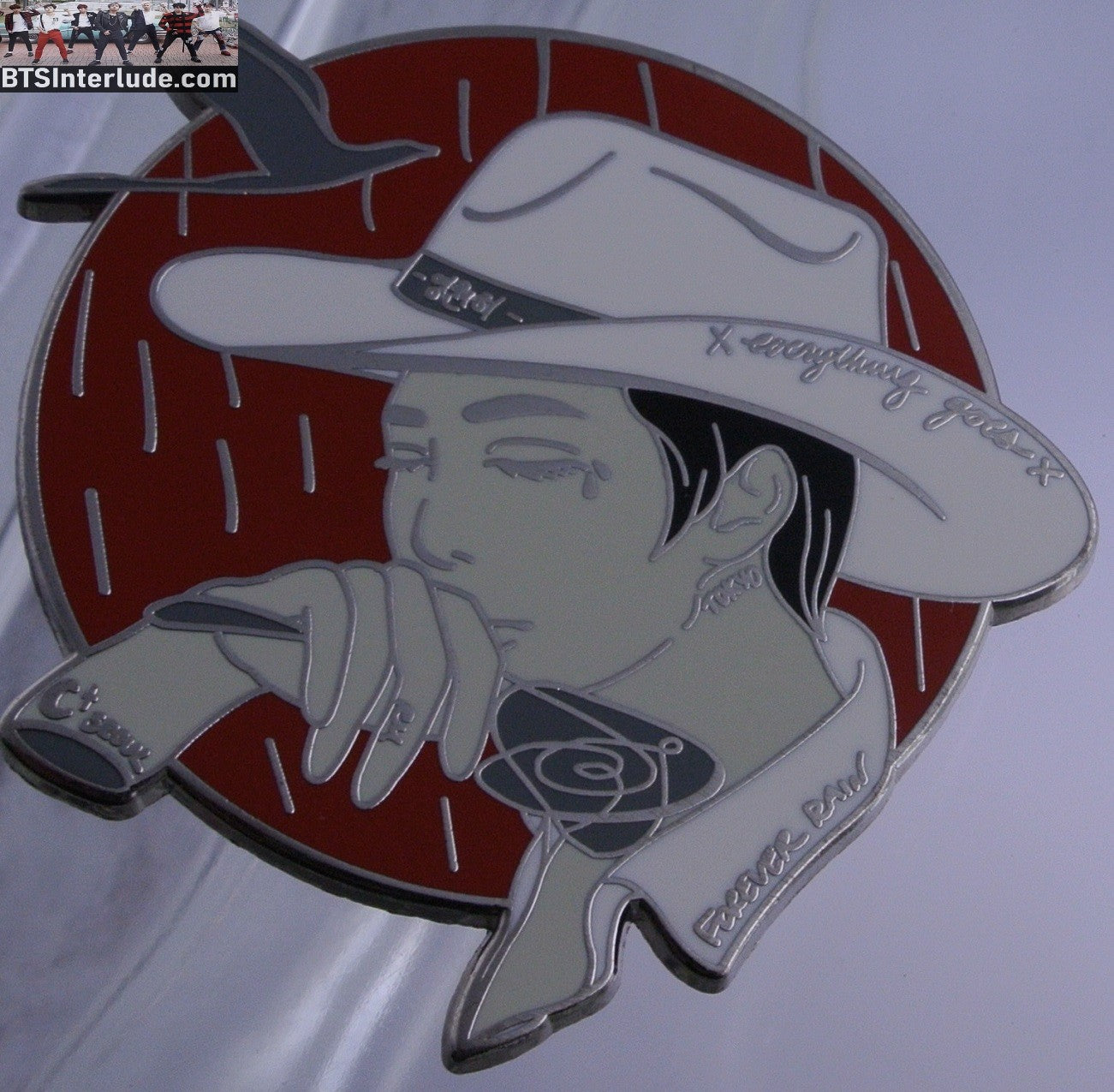 BTS PIN ENAMEL SILVER RM KIM NAMJOON 김남준 EVERYTHING GOES WHITE COWBOY HAT BADGE BUTTON