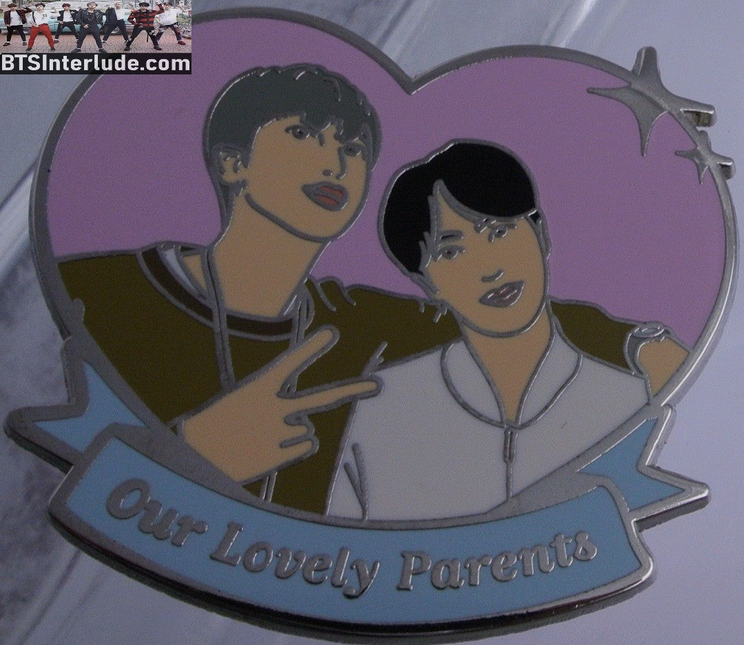BTS PIN ENAMEL SILVER SUB-UNIT RM KIM NAMJOON JIN KIM SEOKJIN OUR LOVELY PARENTS HEART PINK BACKGROUND BADGE BUTTON