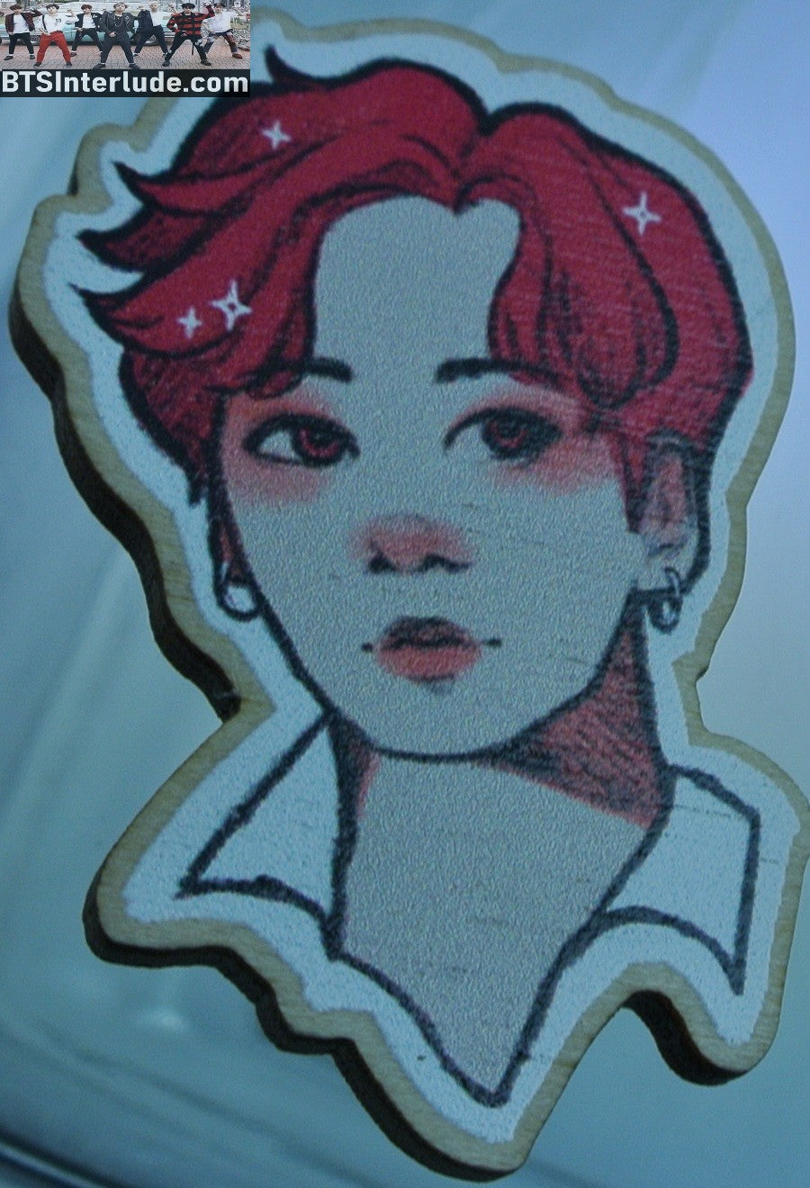 BTS PIN WOOD JEON JUNGKOOK 전정국 RED HAIR WHITE SHIRT BADGE BUTTON