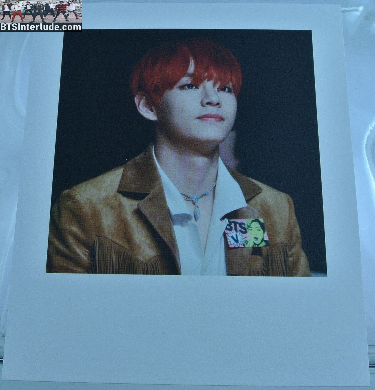 BTS POLAROID FANSITE V KIM TAEHYUNG 김태형 RED HAIR BROWN JACKET FANSIGN REVORN FANSITE
