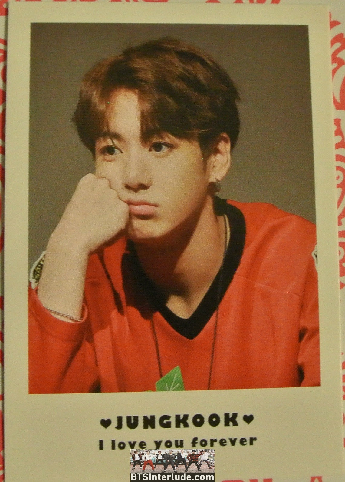 BTS POLAROID FANSITE JEON JUNGKOOK 전정국 RED JERSEY PENSIVE FANSIGN I LOVE YOU FOREVER FANSITE