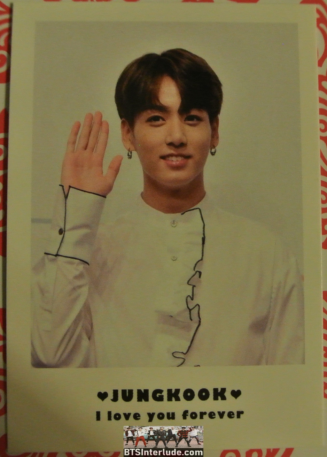 BTS POLAROID FANSITE JEON JUNGKOOK 전정국 WHITE SHIRT BLACK PIPING FANSIGN WAVE I LOVE YOU FOREVER FANSITE