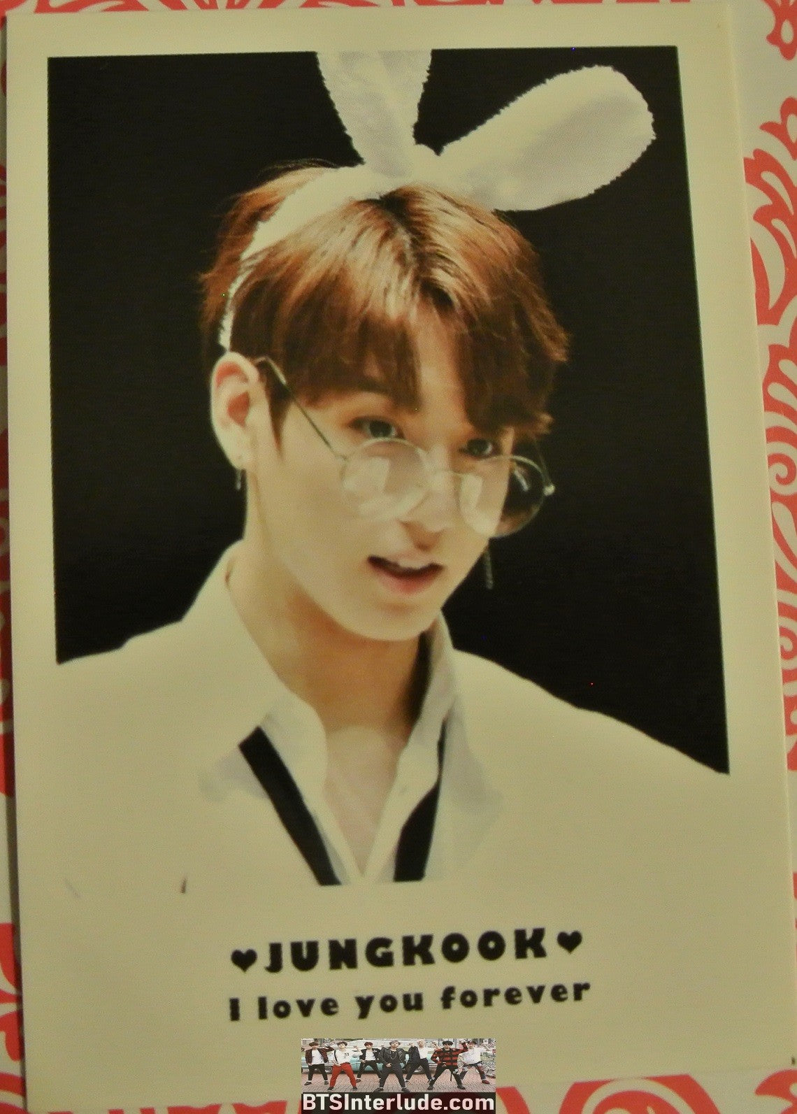 BTS POLAROID FANSITE JEON JUNGKOOK 전정국 WHITE SHIRT BLACK TIE BUNNY EARS GLASSES FANSIGN I LOVE YOU FOREVER FANSITE