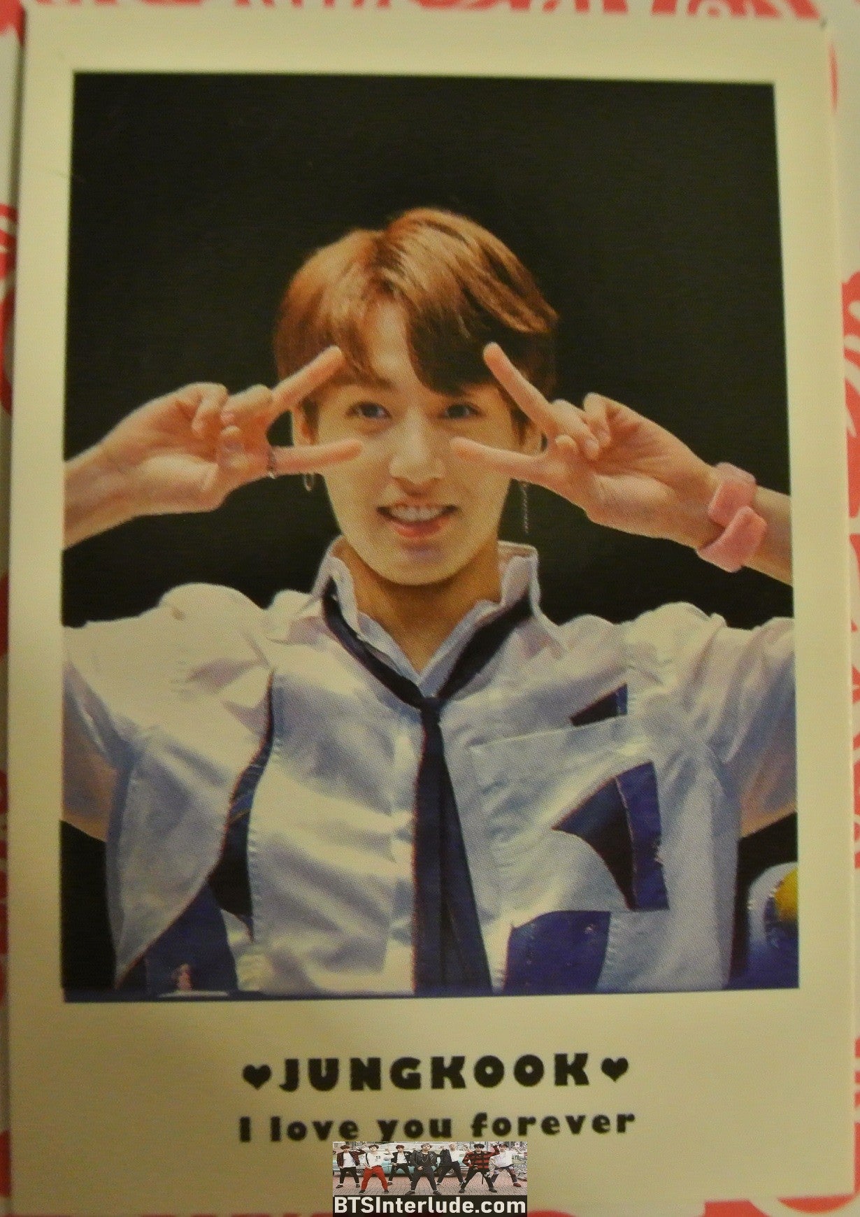 BTS POLAROID FANSITE JEON JUNGKOOK 전정국 WHITE SHIRT BLACK TIE DOUBLE V FANSIGN I LOVE YOU FOREVER FANSITE