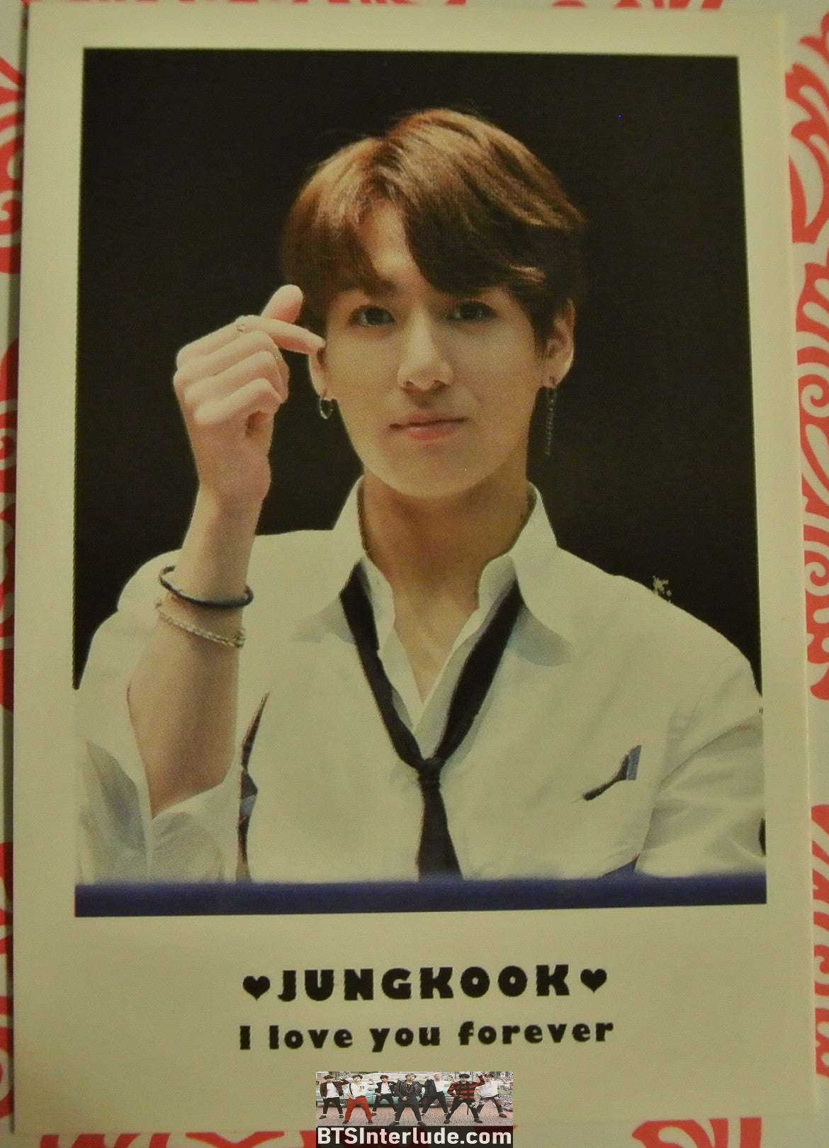 BTS POLAROID FANSITE JEON JUNGKOOK 전정국 WHITE SHIRT BLACK TIE FINGER HEART FANSIGN I LOVE YOU FOREVER FANSITE