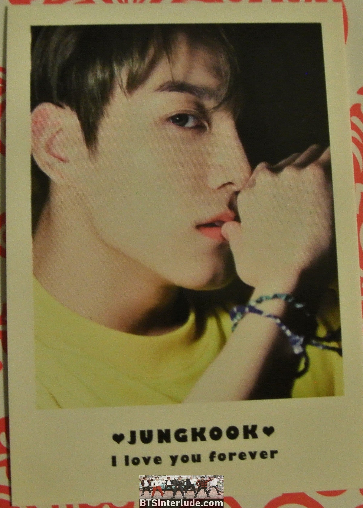 BTS POLAROID FANSITE JEON JUNGKOOK 전정국 YELLOW T SHIRT CLOSEUP HEAD ON KNEES LOVE YOU FOREVER FANSITE