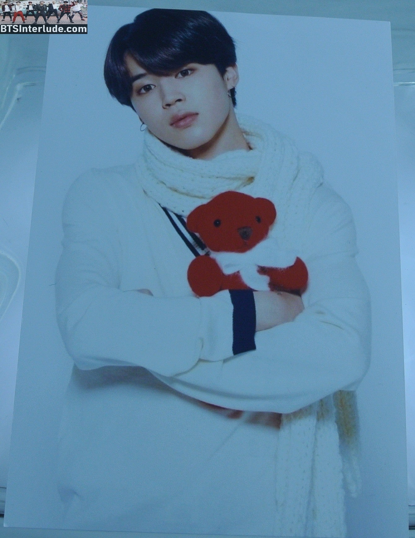 BTS POSTCARD FANSITE PARK JIMIN 박지민 WHITE SWEATER RED TEDDY BEAR