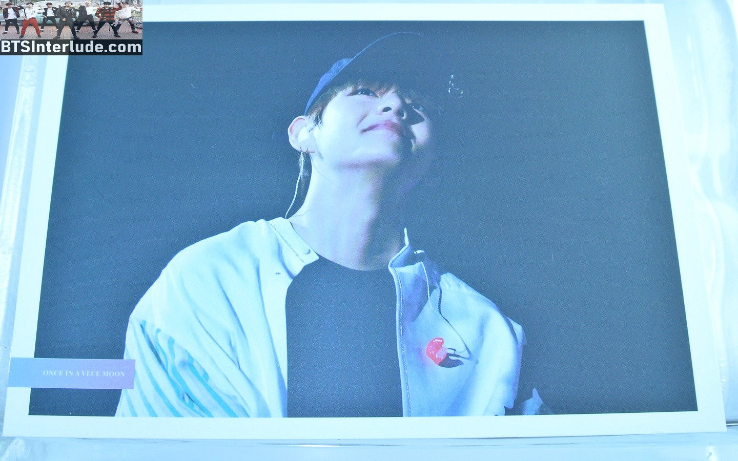 BTS POSTCARD FANSITE V KIM TAEHYUNG 김태형 BLACK CAP WHITE GREEN STRIPED SHIRT LOOKING UP VIA FANSITE ONCE IN A VLUE MOON