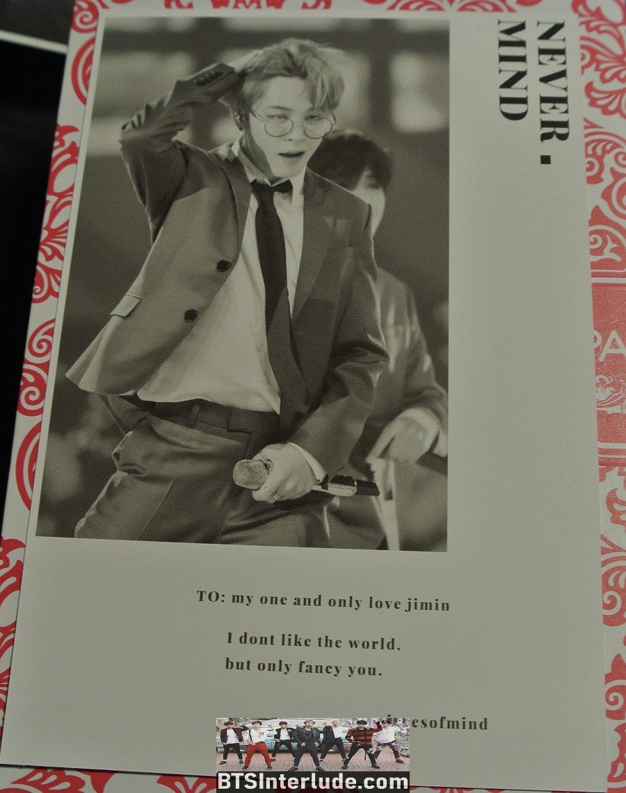 BTS POSTCARD FANSITE PARK JIMIN 박지민 GREY SUIT GLASSES NEVERMIND PIECES OF MIND FANSITE