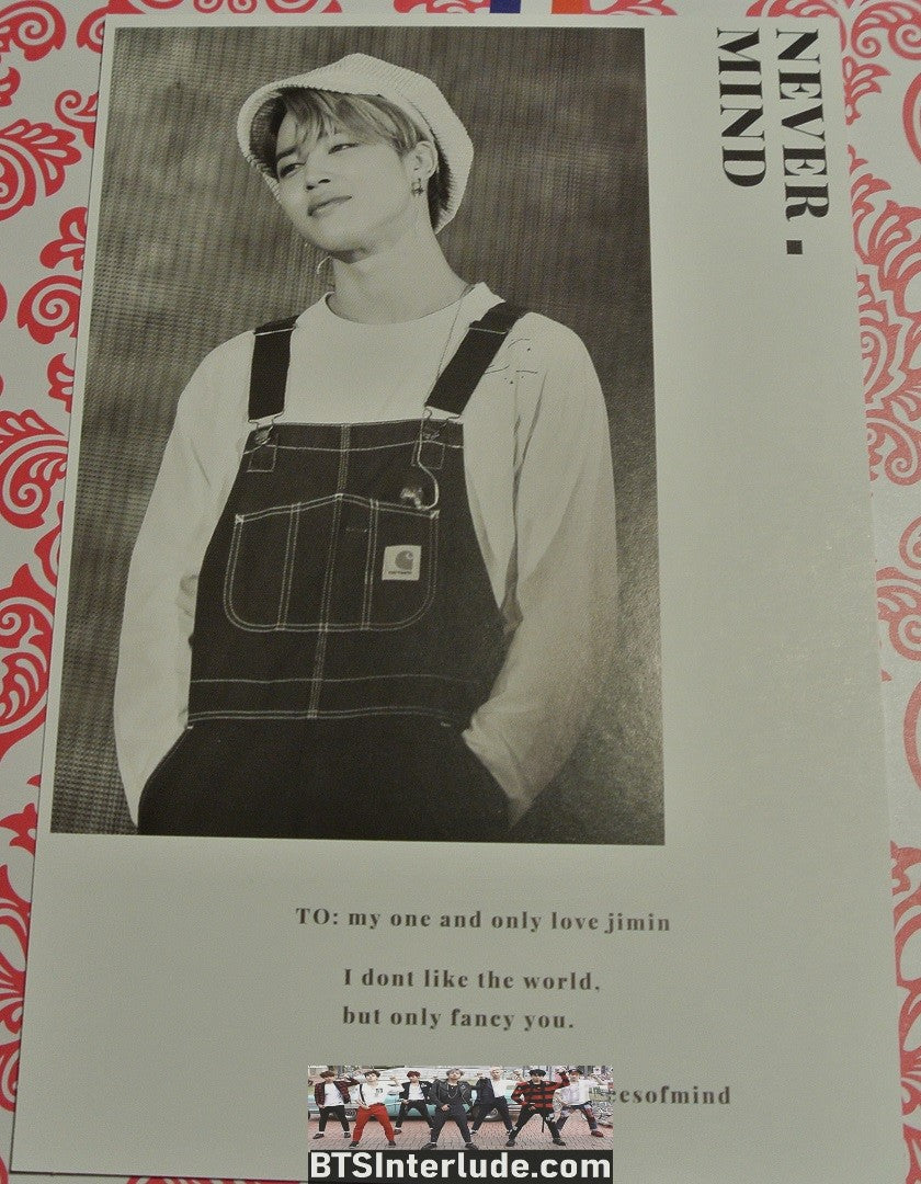 BTS POSTCARD FANSITE PARK JIMIN 박지민 OVERALLS TAN BERET FANSIGN NEVERMIND PIECES OF MIND FANSITE