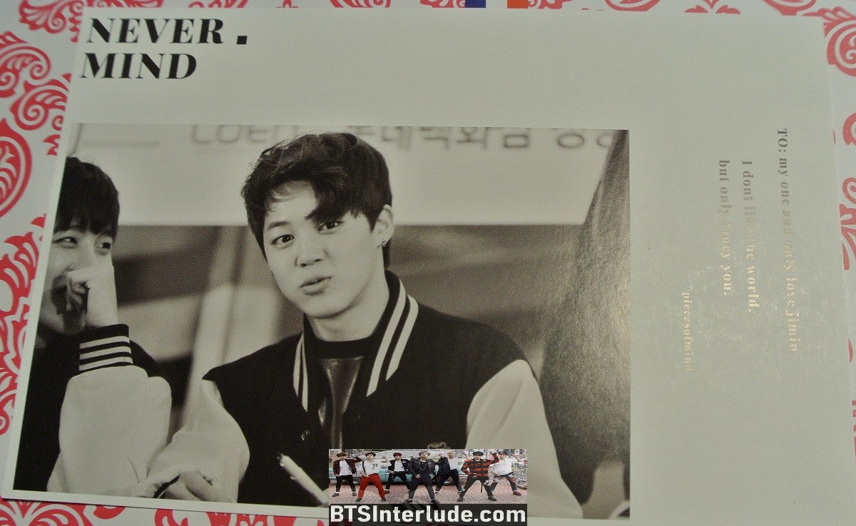 BTS POSTCARD FANSITE PARK JIMIN 박지민 VARSITY LETTERMANS JACKET FANSIGN NEVERMIND PIECES OF MIND FANSITE