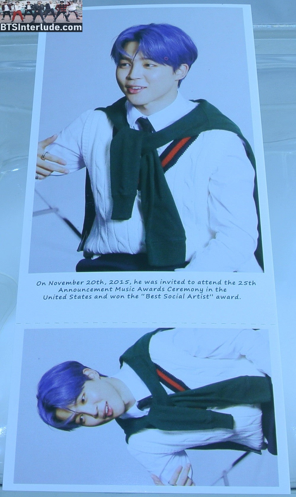 BTS POSTCARD PHOTOCARD FANSITE PARK JIMIN 박지민 WHITE GREEN SWEATERS MOTS 7 MAP OF THE SOUL POST CARD PHOTO CARD