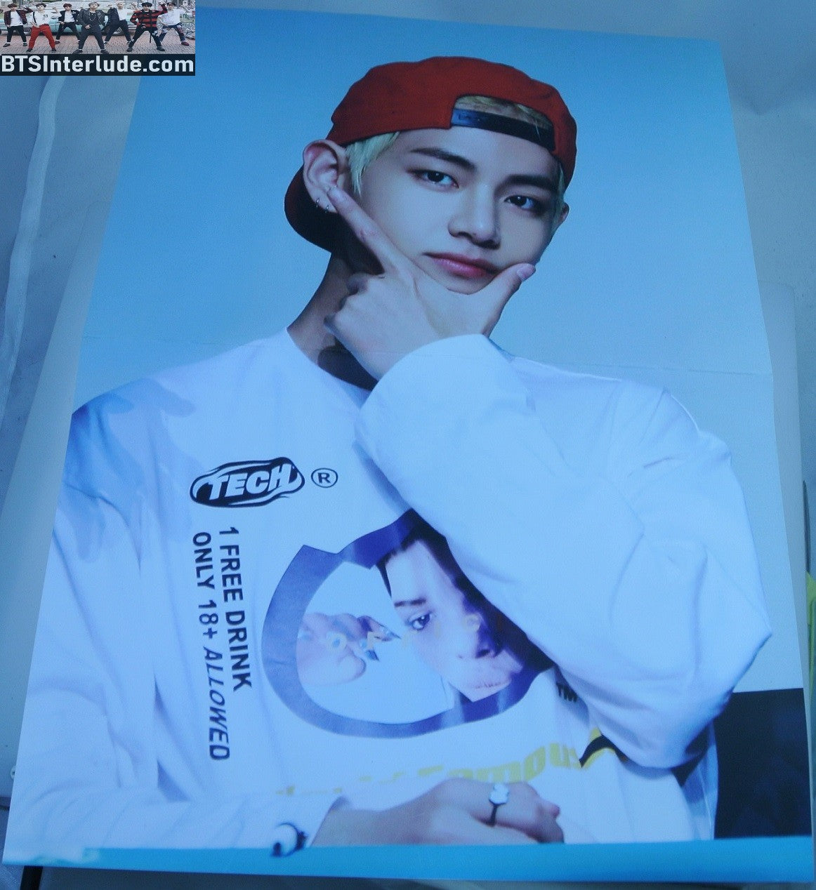 BTS POSTER FOLDED FANSITE V KIM TAEHYUNG 김태형 BLOND HAIR RED BASEBALL CAP 2 PAGES VTAC FANSITE COVERBOY