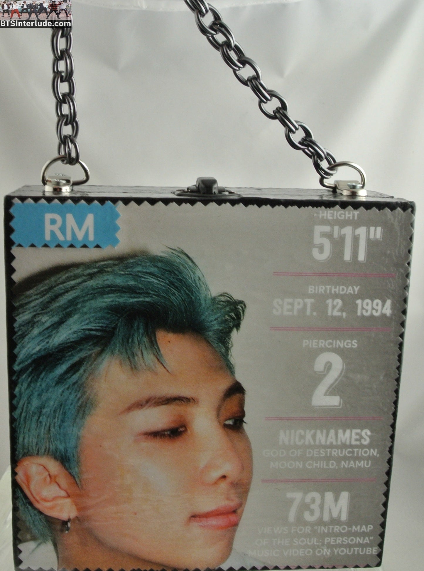 BTS PURSE CIGAR BOX RM KIM NAMJOON 김남준 SMALL BLUE HAIR DYNAMITE ERA GUNMETAL CHAIN HARDWARE