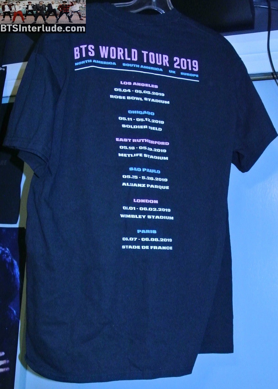 BTS SHIRT BLACK LARGE XL PHOTO 2019 WORLD TOUR LIST OF CITIES BACK JUNGKOOK V JIMIN RM J-HOPE SUGA JIN