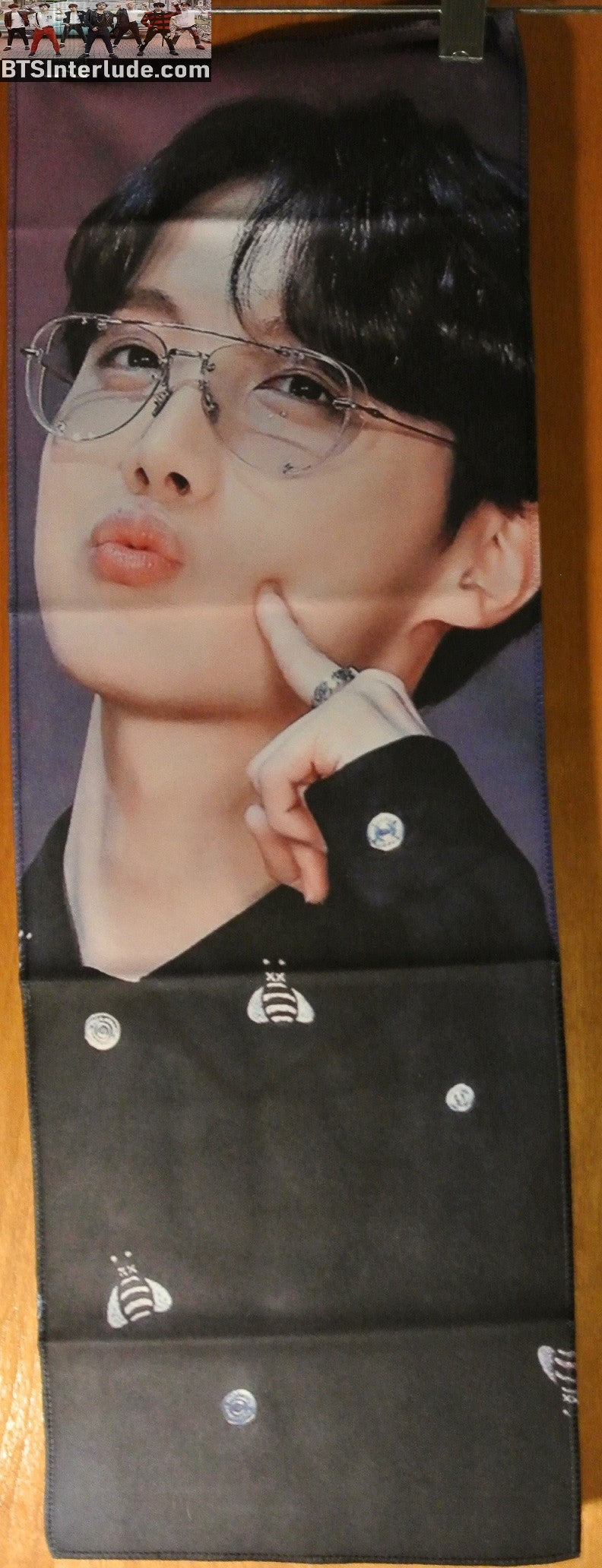 BTS SLOGAN FABRIC J-HOPE 정호석 BLACK JACKET CHEEK POKE GLASSES BANNER 2 SIDED LIMITED EDITION