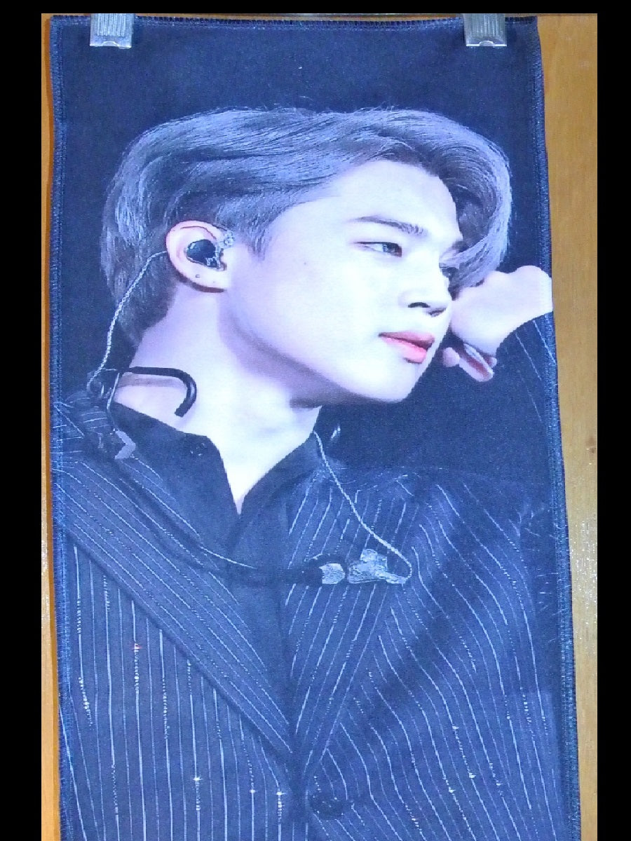 BTS SLOGAN FABRIC PARK JIMIIN 박지민 SILVERY BLOND HAIR BLACK PINSTRIPES POSSIBLY CATS PAW FANSITE BANNER 2 SIDED LIMITED EDITION