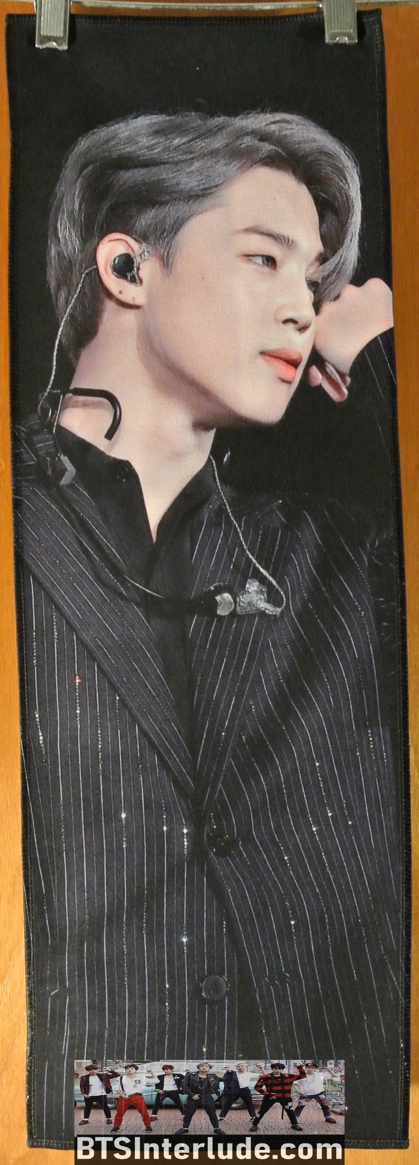 BTS SLOGAN FABRIC PARK JIMIIN 박지민 SILVERY BLOND HAIR BLACK PINSTRIPES POSSIBLY CATS PAW FANSITE BANNER 2 SIDED LIMITED EDITION