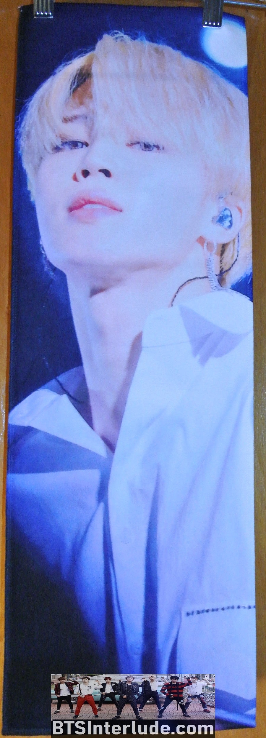 BTS SLOGAN FABRIC PARK JIMIIN 박지민 BLOND HAIR WHITE SHIRT PRUSSIAN BLUE FANSITE BANNER 2 SIDED LIMITED EDITION