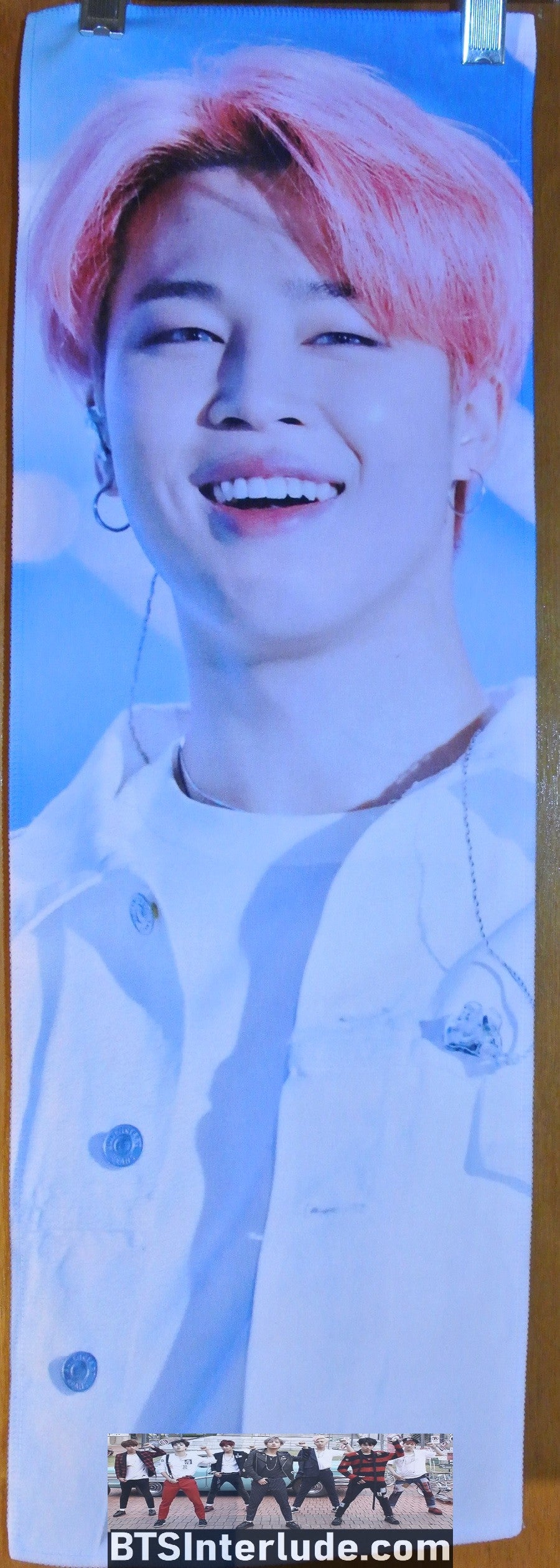 BTS SLOGAN FABRIC PARK JIMIIN 박지민 PINK HAIR WHITE JACKET ADELIO FANSITE BANNER 2 SIDED LIMITED EDITION