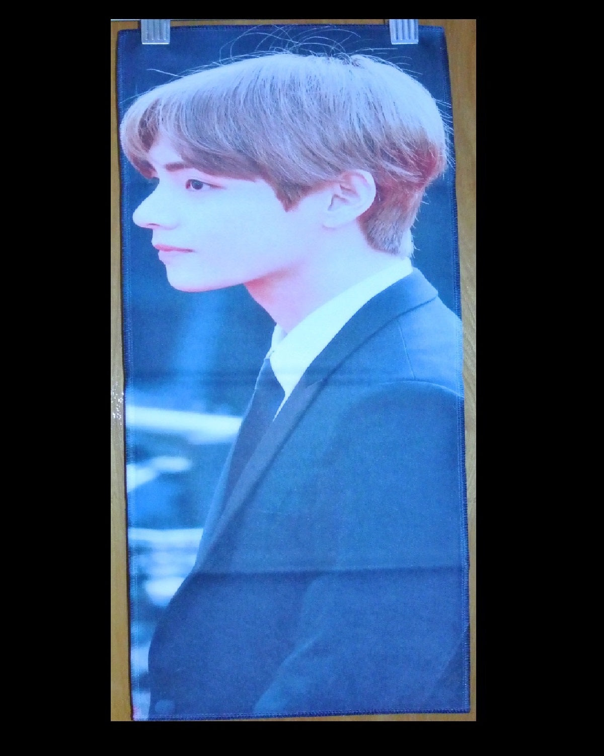 BTS SLOGAN FABRIC V KIM TAEHYUNG 김태형 PROFILE BLACK SUIT MY FIRST LOVE FANSITE BANNER 2 SIDED LIMITED EDITION