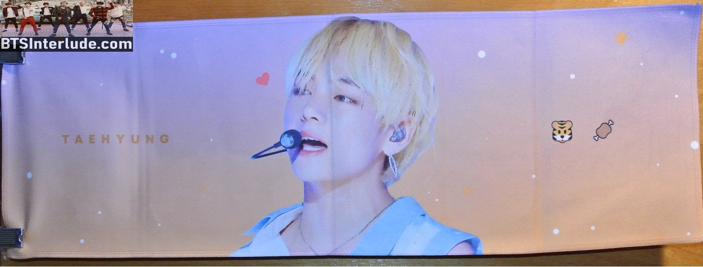 BTS SLOGAN FABRIC V KIM TAEHYUNG 김태형 BLOND HAIR BLUE OFF SHOULDER SHIRT PINK FANSITE BANNER 2 SIDED LIMITED EDITION