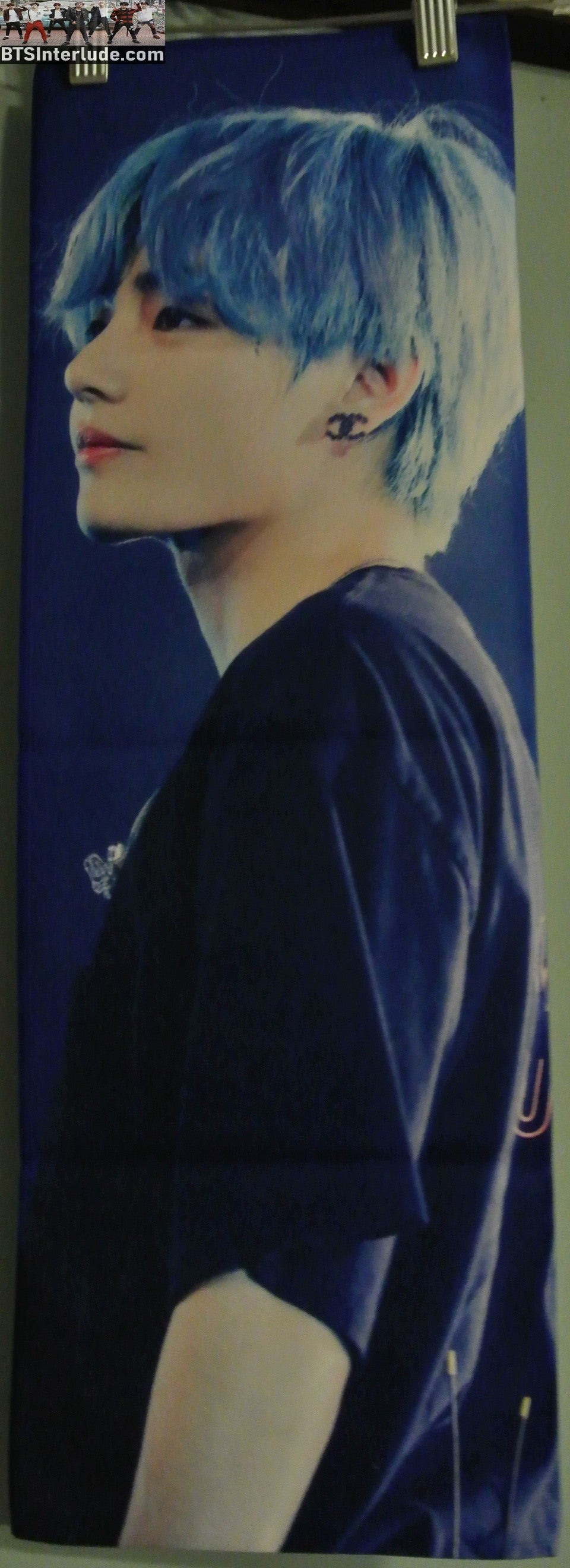 BTS SLOGAN FABRIC V KIM TAEHYUNG 김태형 BLUE HAIR LOVE YOURSELF TOUR V MIC FANSITE BANNER 2 SIDED LIMITED EDITION