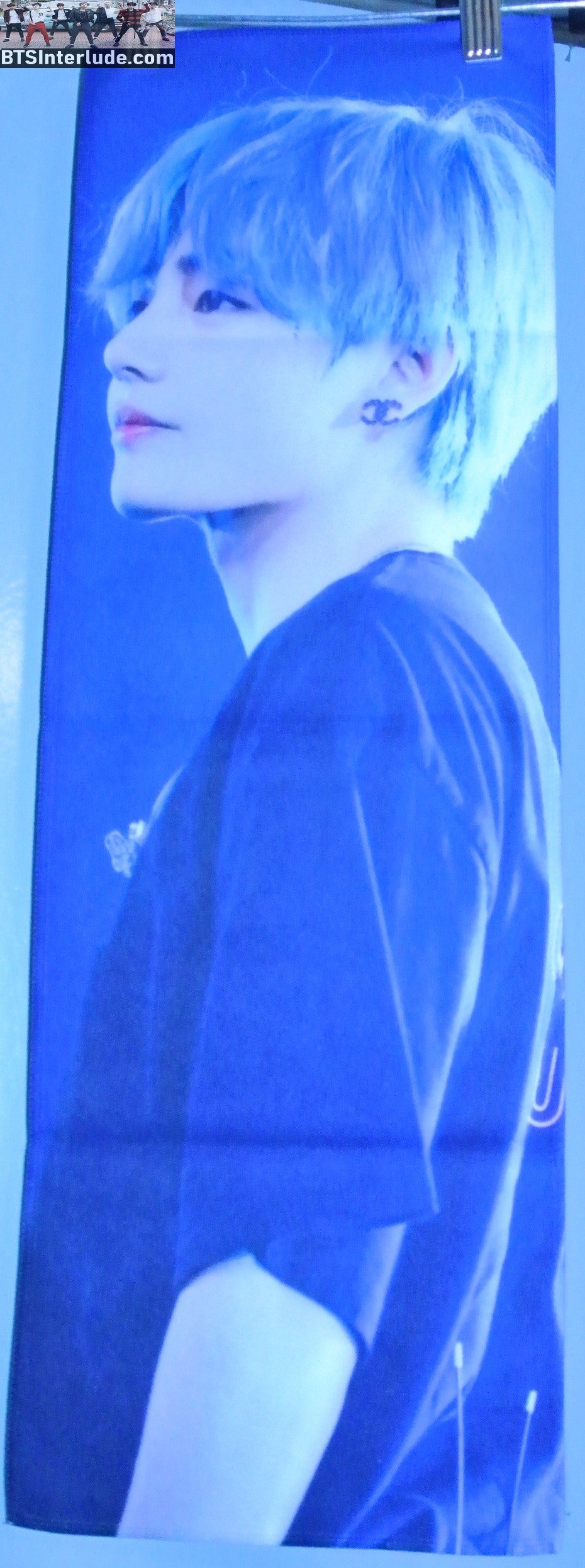 BTS SLOGAN FABRIC V KIM TAEHYUNG 김태형 BLUE HAIR LOVE YOURSELF TOUR V MIC FANSITE BANNER 2 SIDED LIMITED EDITION