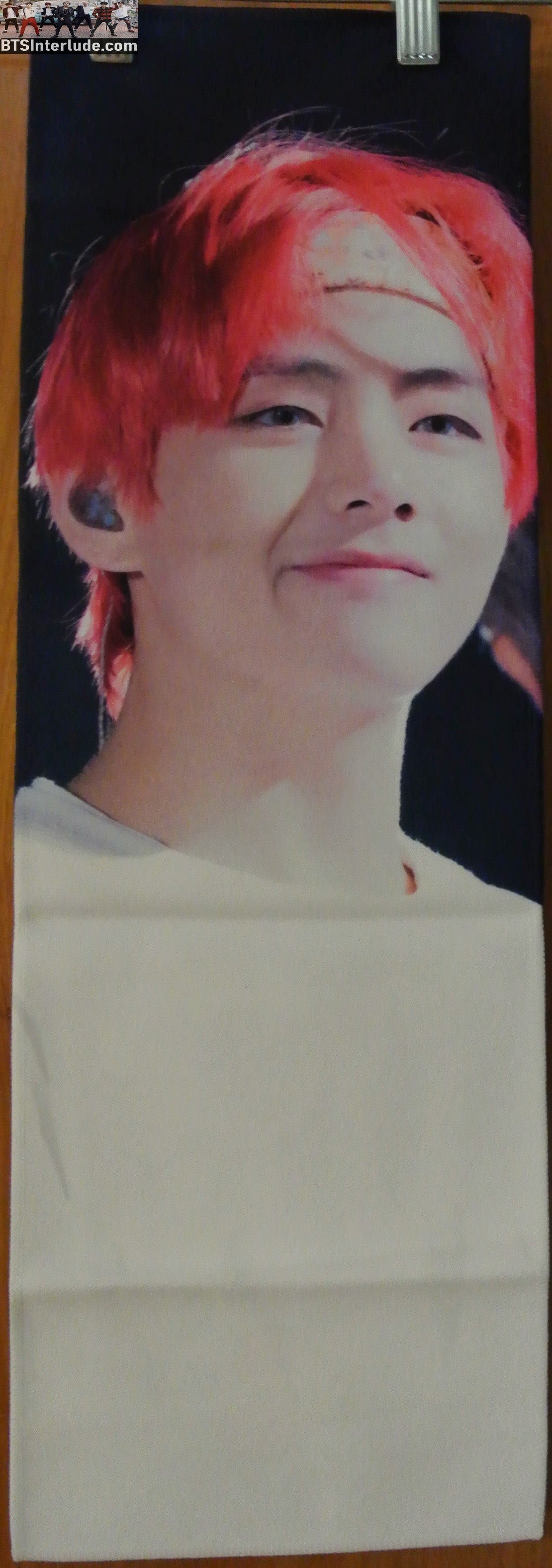 BTS SLOGAN FABRIC V KIM TAEHYUNG 김태형 RED HAIR BANDANA BT21 TATA MIC FACE FANSITE BANNER 2 SIDED LIMITED EDITION