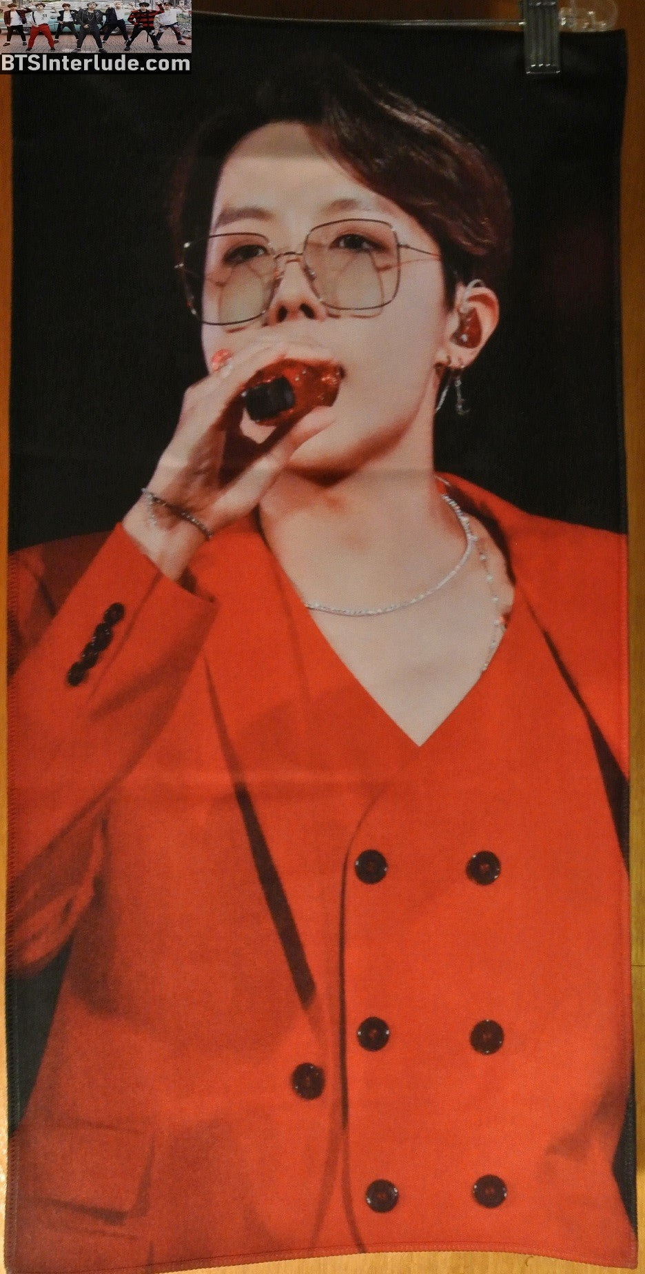 BTS SLOGAN FABRIC XL J-HOPE 정호석 RED SUIT MAMA GLASSES MIC BANNER 2 SIDED LIMITED EDITION