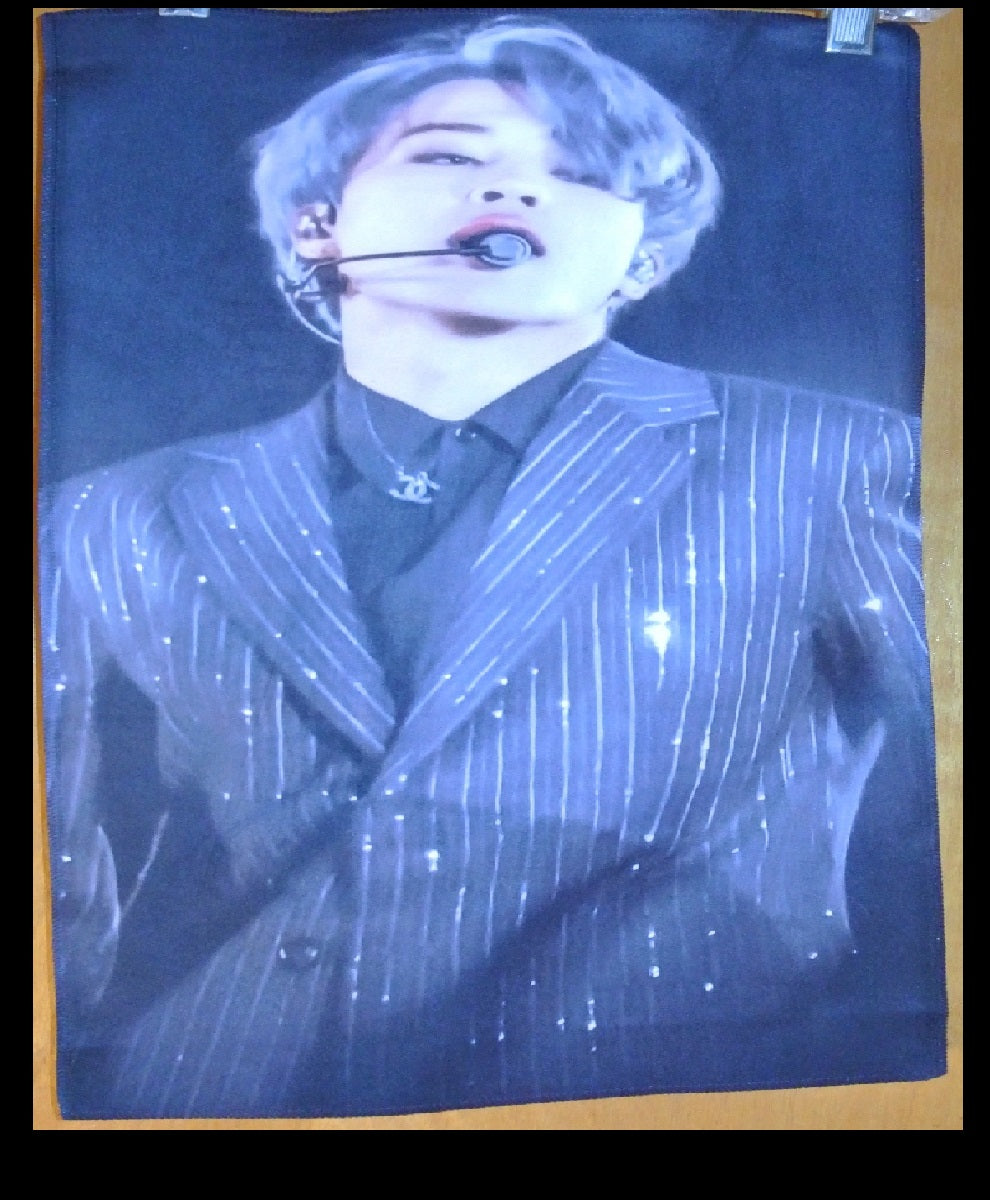 BTS SLOGAN FABRIC XL PARK JIMIIN 박지민 SILVER HAIR BLACK PINSTRIPES JIMINIFUL FANSITE BANNER 2 SIDED LIMITED EDITION