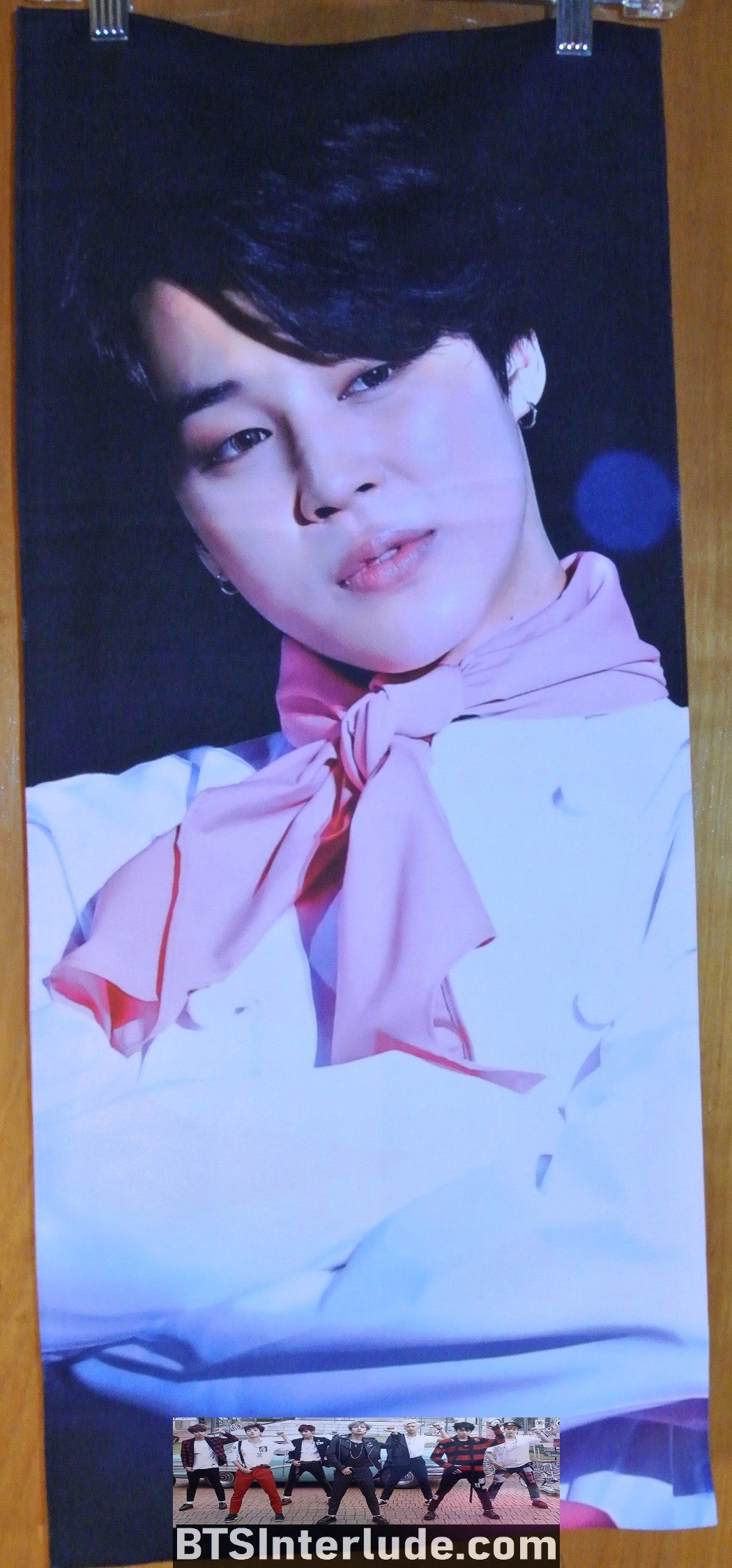 BTS SLOGAN FABRIC XL PARK JIMIIN 박지민 PINK SCARF WHITE SHIRT FANSITE BANNER 2 SIDED LIMITED EDITION