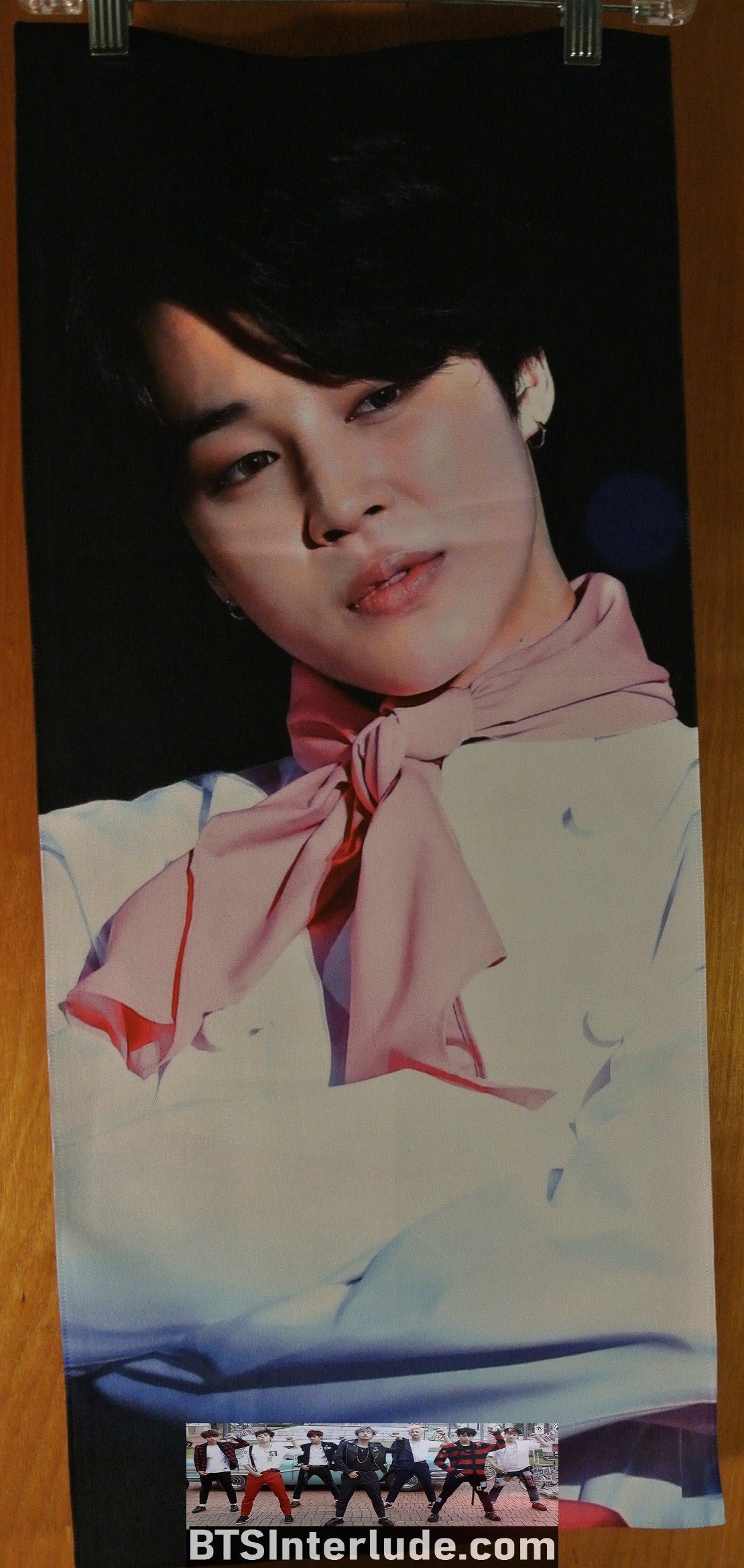 BTS SLOGAN FABRIC XL PARK JIMIIN 박지민 PINK SCARF WHITE SHIRT FANSITE BANNER 2 SIDED LIMITED EDITION