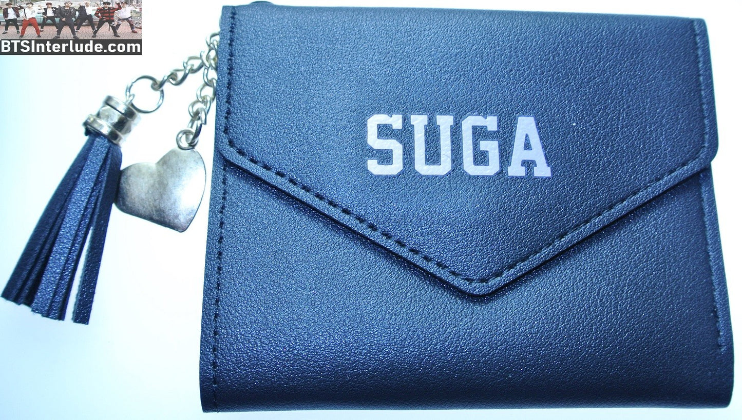 BTS WALLET SUGA MIN YOONGI 민윤기 NEW BLACK PINK TASSEL GOLD HEART TRIFOLD