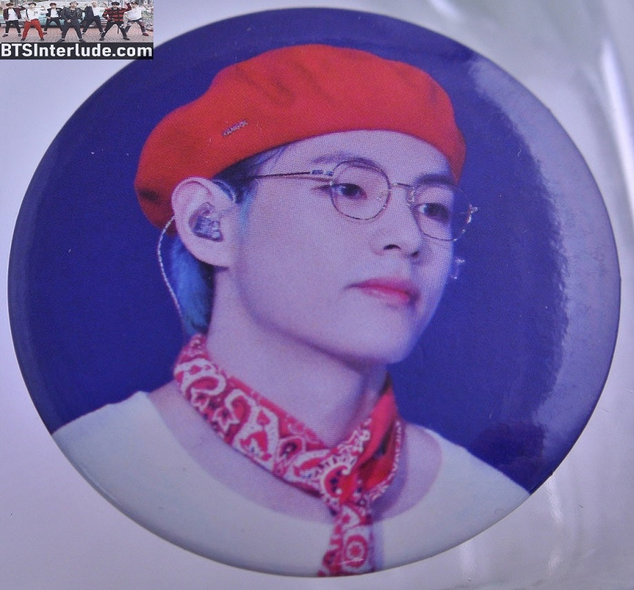 BTS BUTTON V KIM TAEHYUNG 김태형 1.75" RED BERET RED BANDANA GLASSES