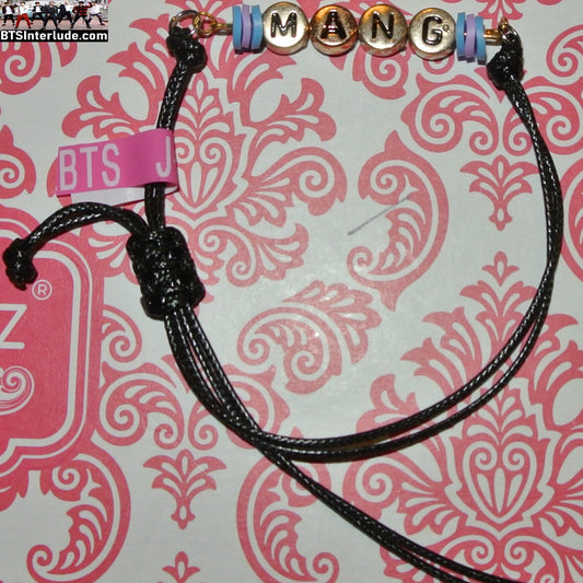 BTS BRACELET BT21 MANG J-HOPE JUNG HOSEOK 정호석 GOLD MANG LETTERS BLUE AND PINK BEADS BLACK BOLO TIE