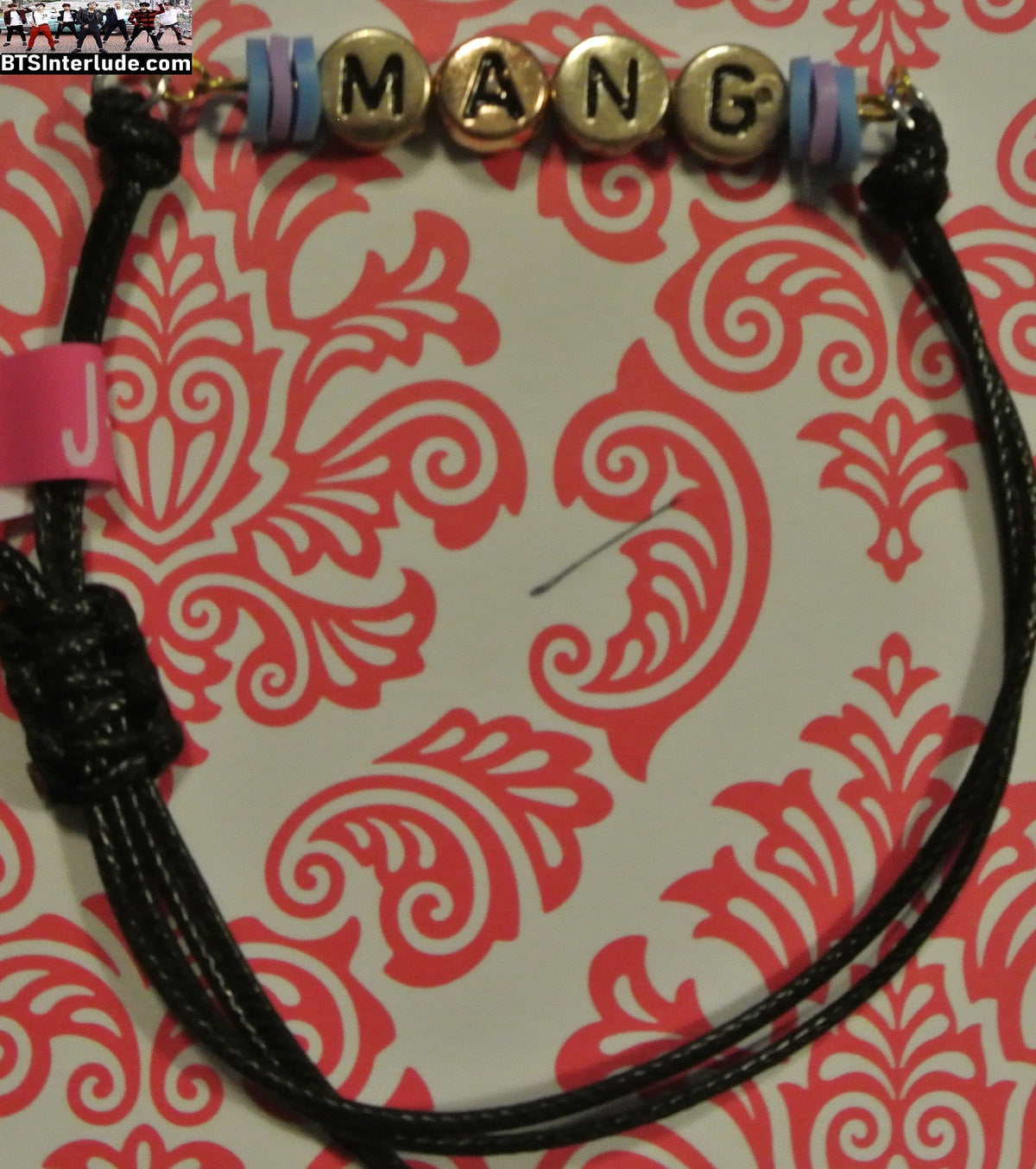 BTS BRACELET BT21 MANG J-HOPE JUNG HOSEOK 정호석 GOLD MANG LETTERS BLUE AND PINK BEADS BLACK BOLO TIE
